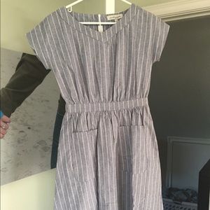 Blue-gray pinstripe RETRO knee length dress POCKET